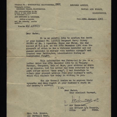 Letter to Mrs W Brooks from Royal Air Force Records Office